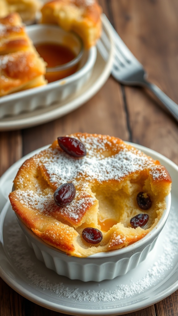 Classic Old-Fashioned Bread Pudding Recipe A bowl of classic bread pudding dusted with powdered sugar, served with caramel sauce on a rustic table.